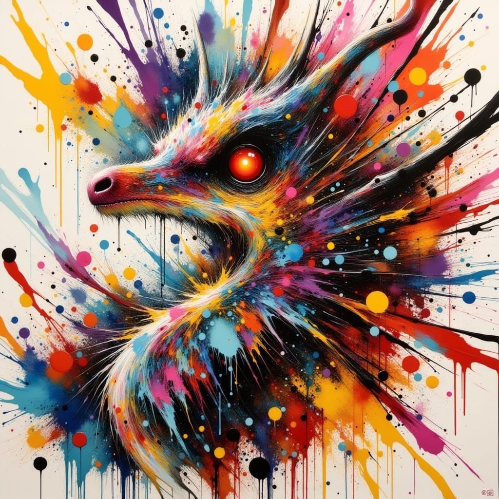 Abstract Dragon in Vibrant Paint Splatters