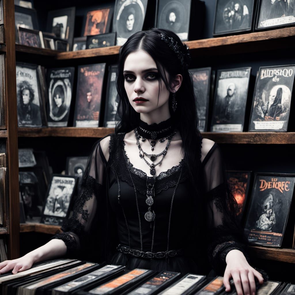 Goth Woman Posing in Vintage Record Shop