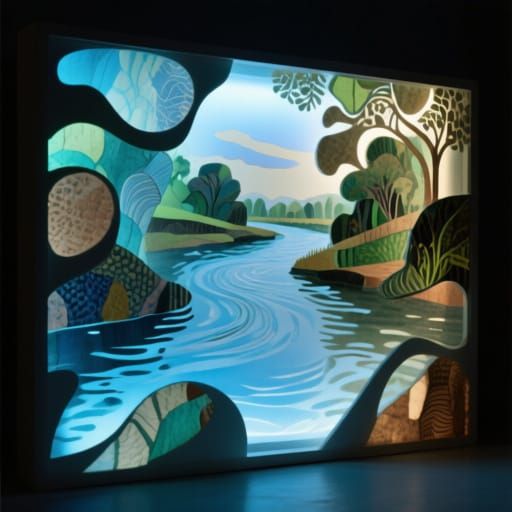 Collaged image light box illuminated from behind.