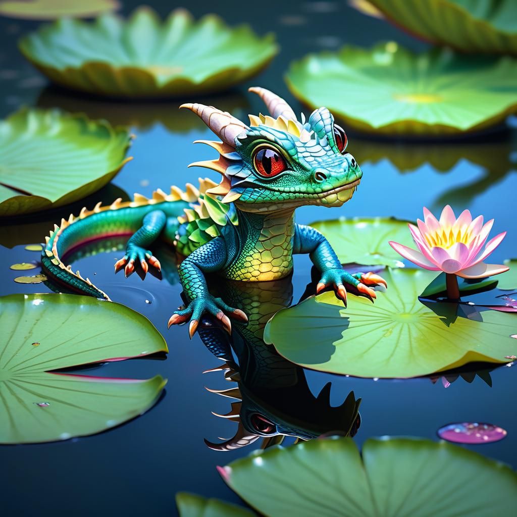 Baby Lake Dragon Peers Out From Lilypad