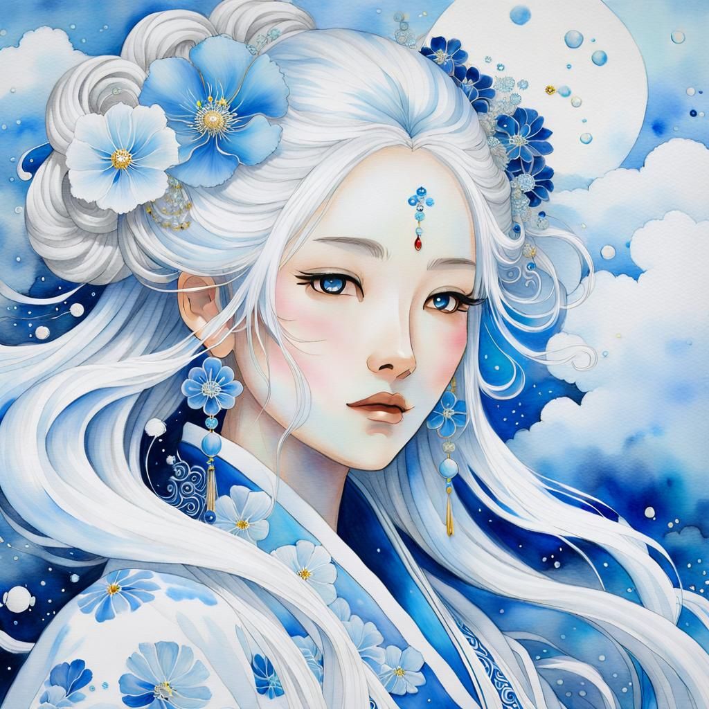 Dreamy Anime-Inspired Portrait of Elegance in White and Blue