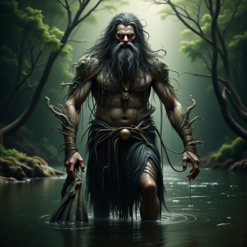 River God in Tattered Regalia Emerges from Lush Forest