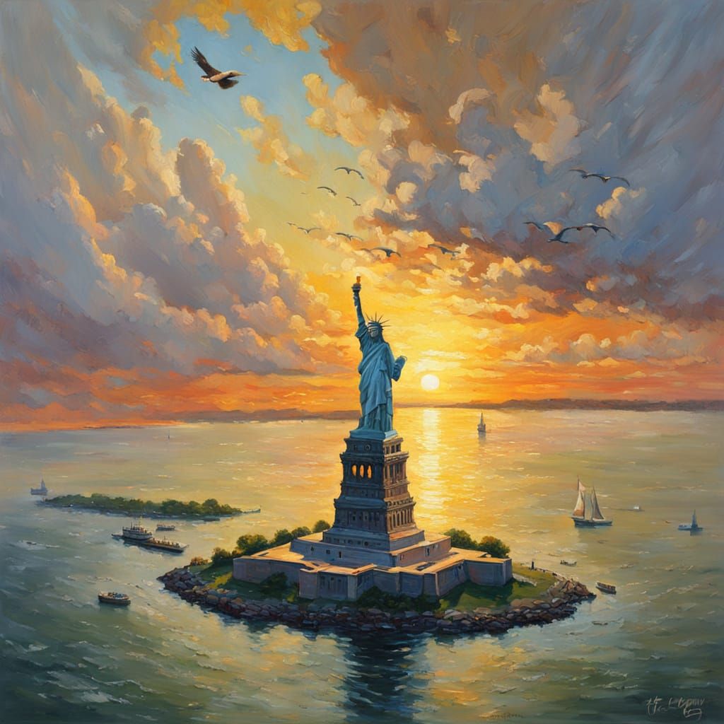 Eagle Soaring Above Statue of Liberty, Impressionist Oil Pai...
