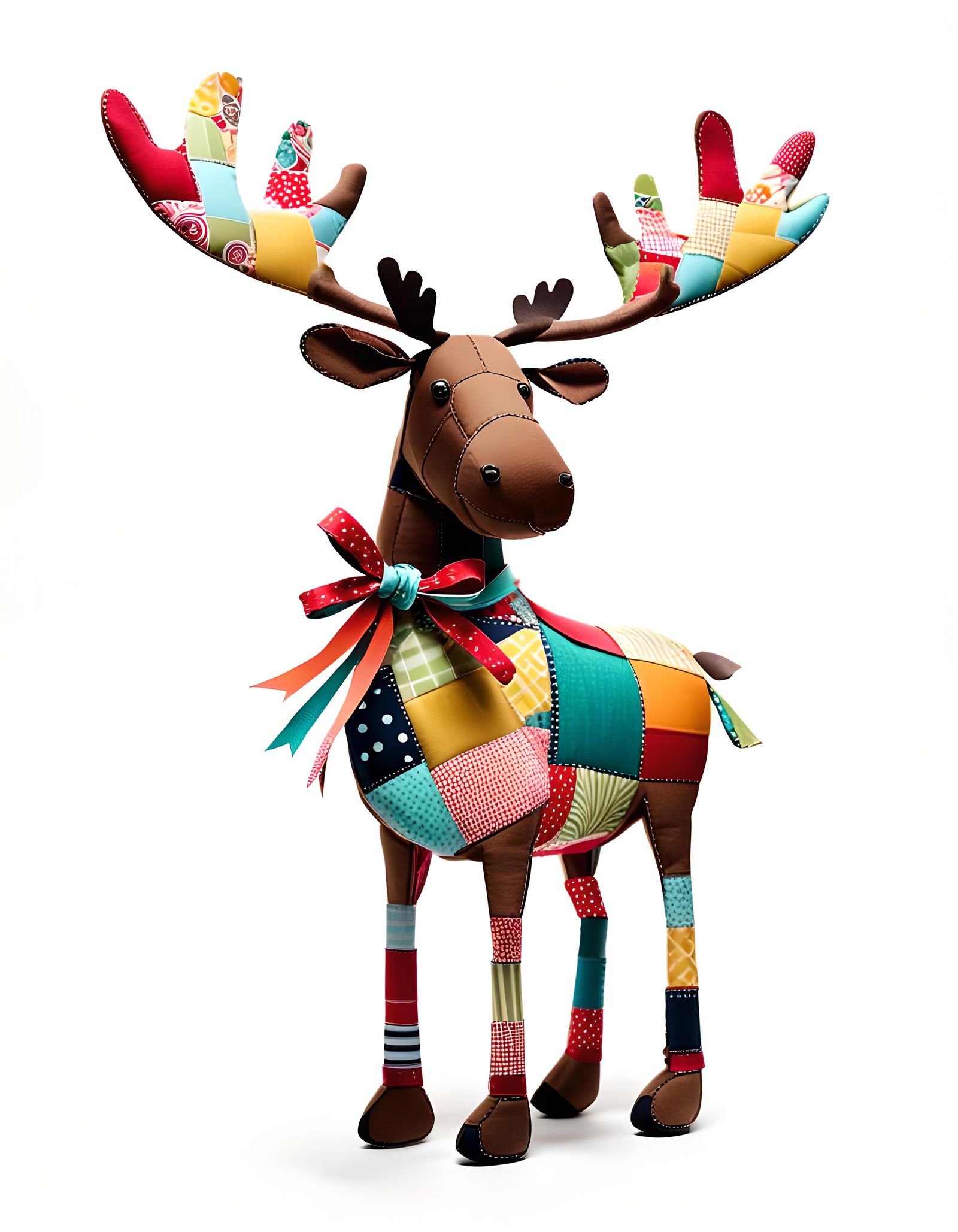 Whimsical Fabric Scrap Moose on White Background