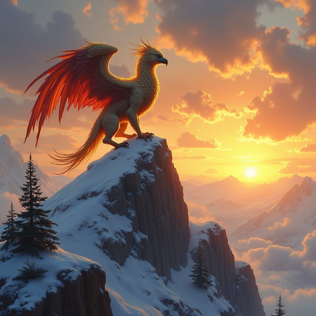 Griffin Perched Atop Snowy Peak in Fantasy Style