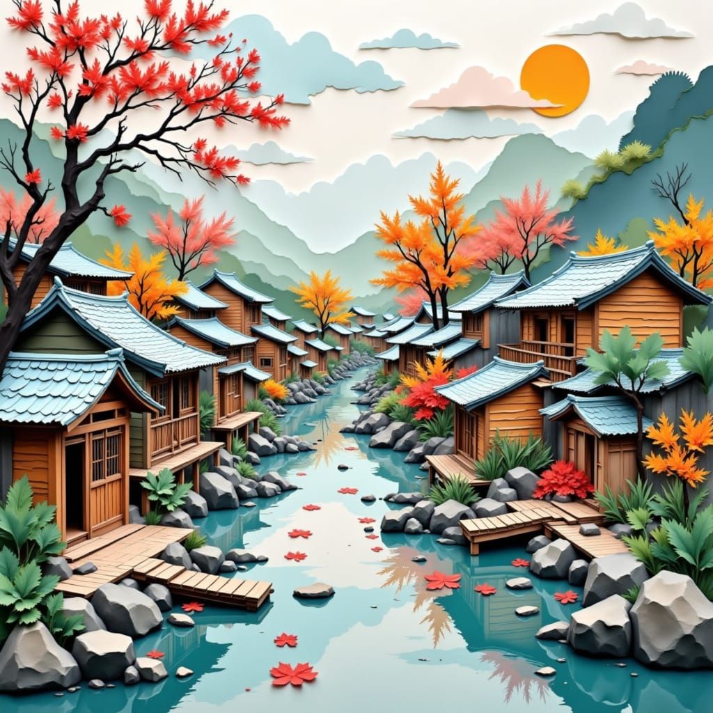 Guizhou Water Village in Papercut Style