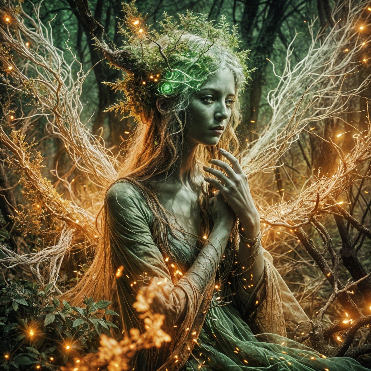 Druid in Double Exposure with Glowing Eyes