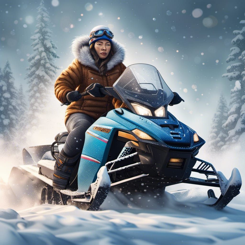 Hyperrealistic Inuit Woman on Snowmobile in Blizzard
