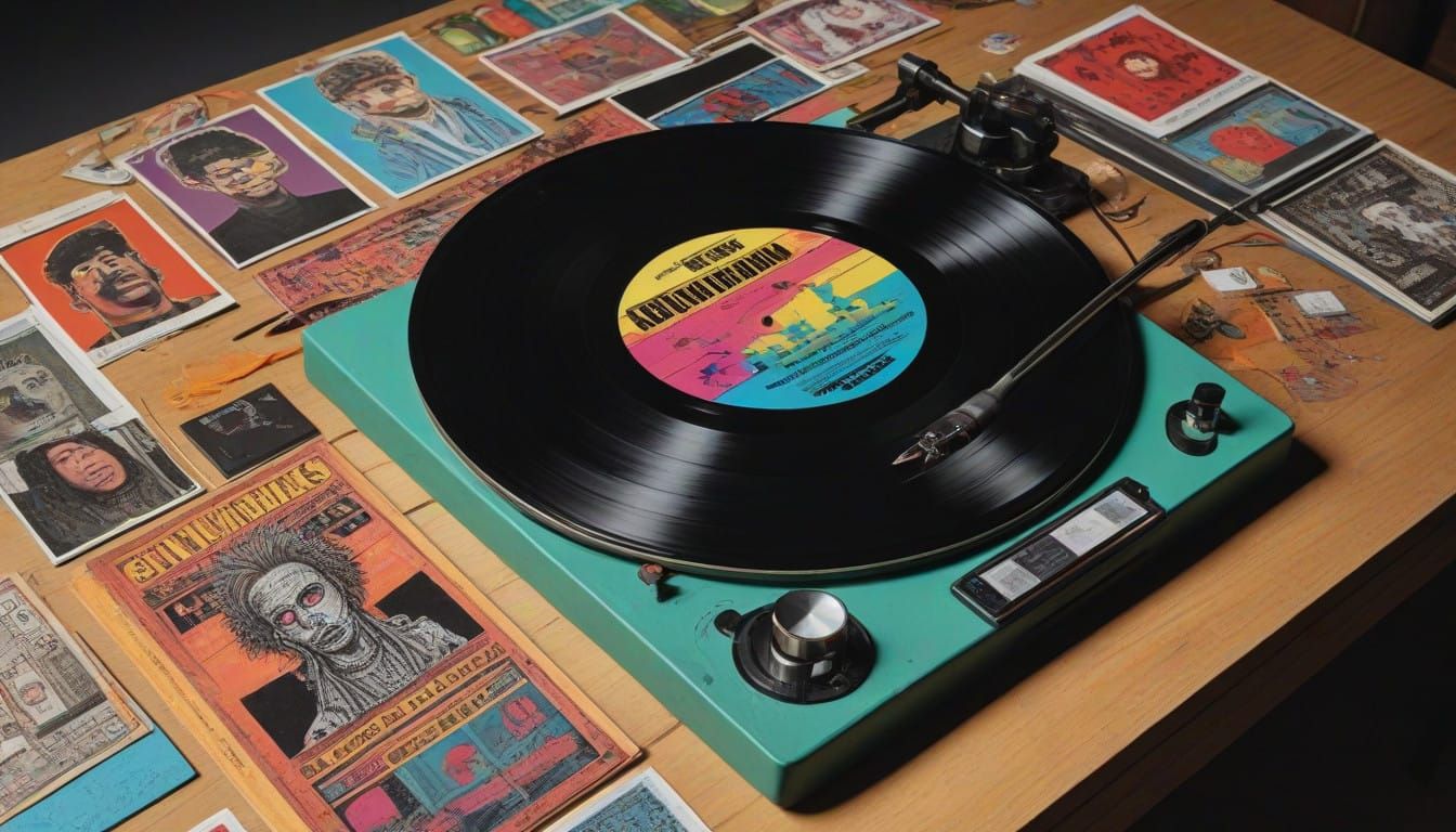 Psychedelic Vinyl Record Desk with Watercolour Pencils and I...