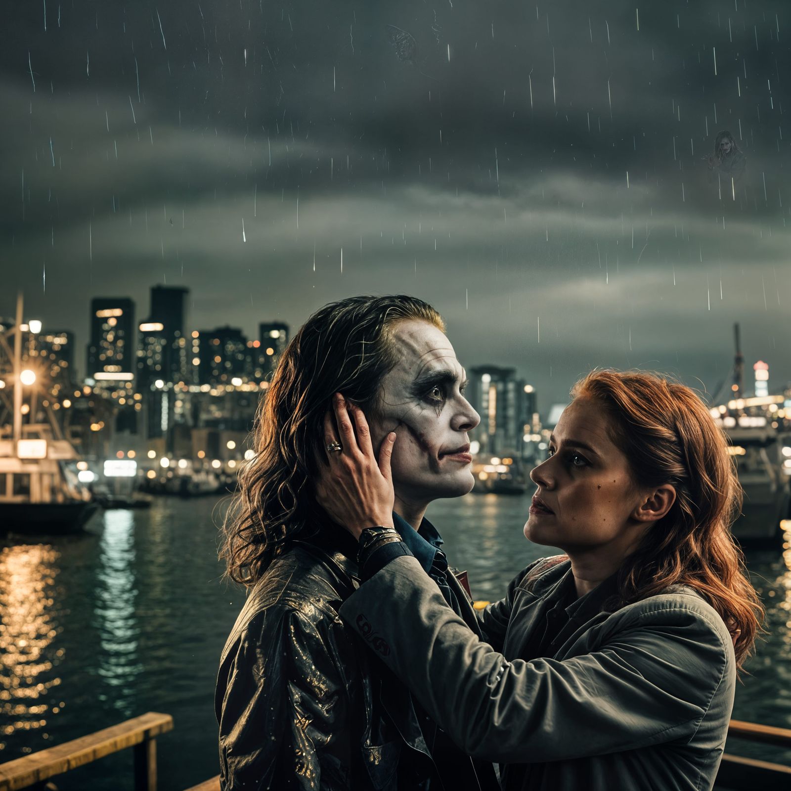 Dramatic Harbor Confrontation in Cinematic Style