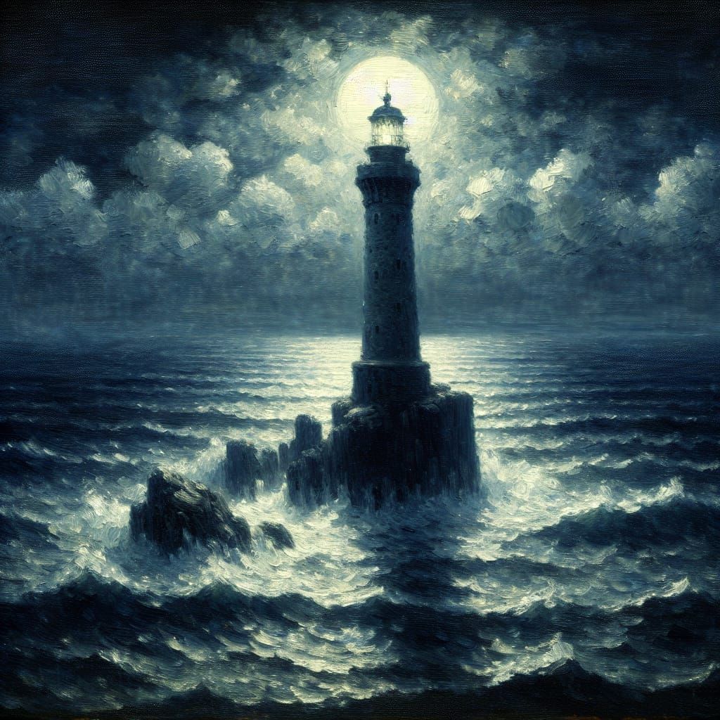 Luminous Lighthouse in Moonlit Sea - Neo-Impressionist Oil P...