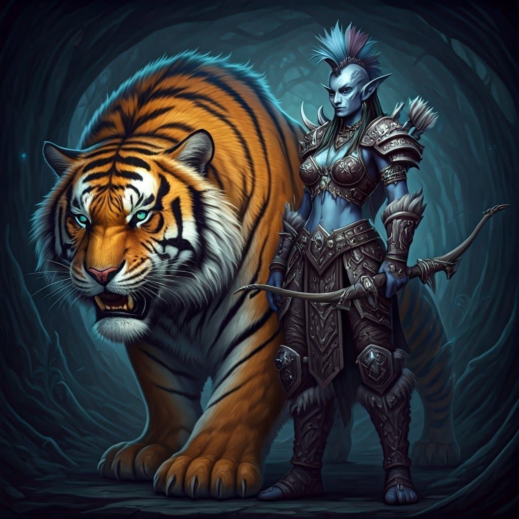 Ethereal Fantasy Troll Hunter with Tiger Companion
