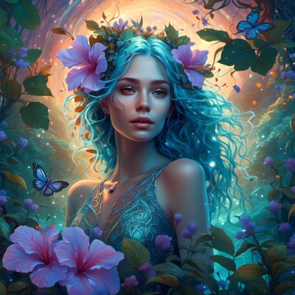 Night Jungle Waterfall with Elf in Holographic Illustration