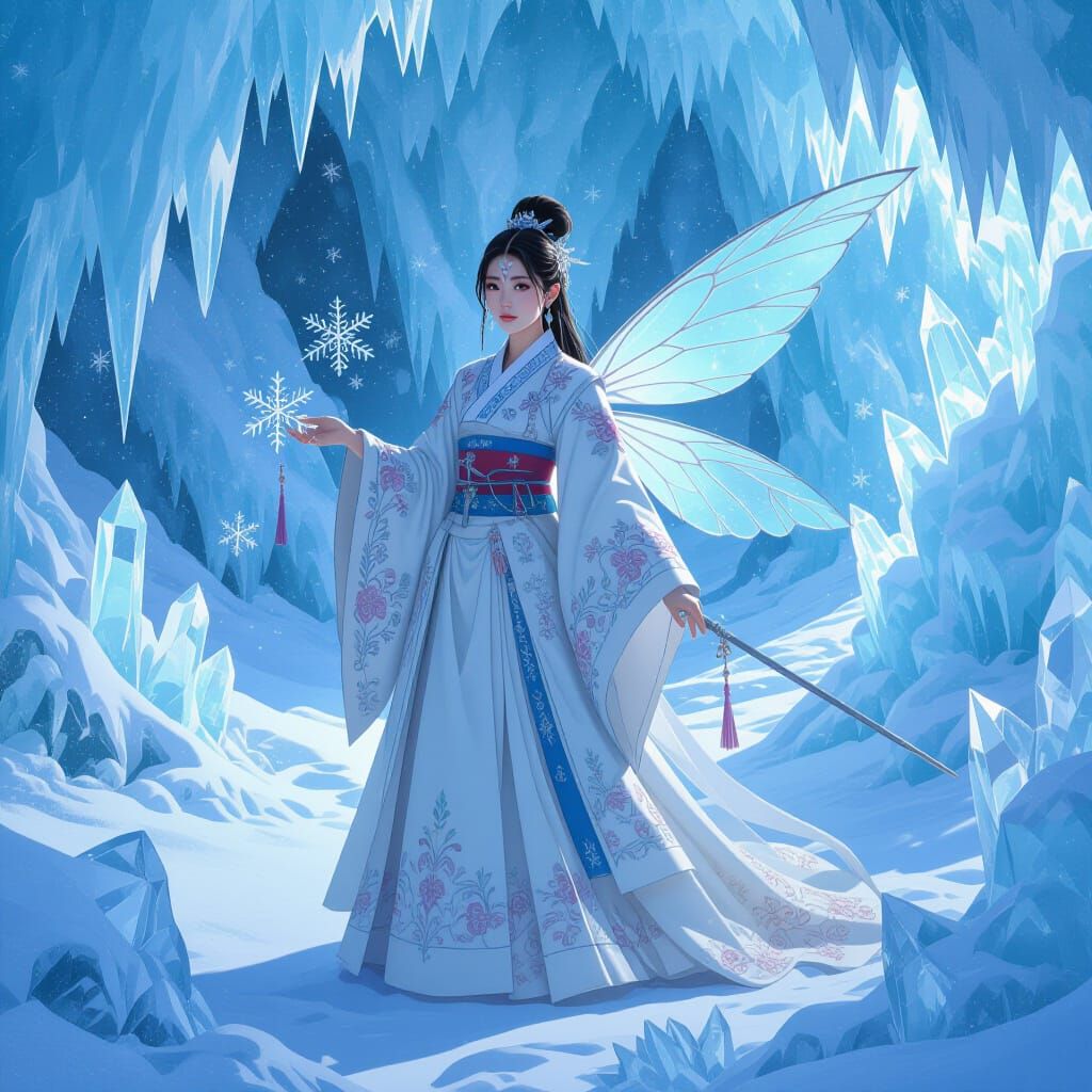 Korean Cyborg Fairy in Winter Landscape