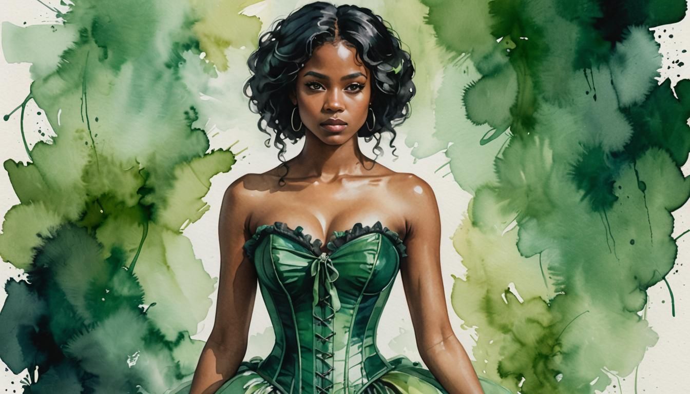 Portrait of a young black woman wearing a emerald green cors...