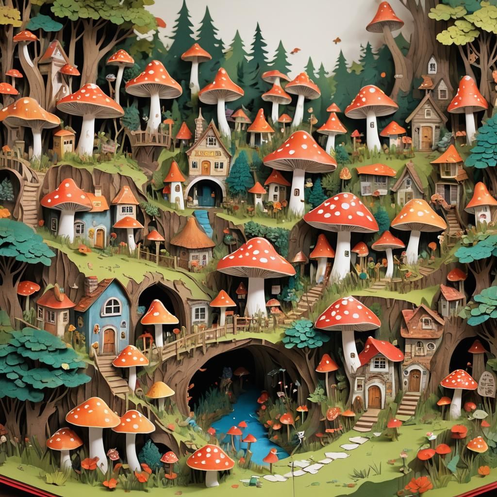 Mushroom Village Pop-Up Book Illustration