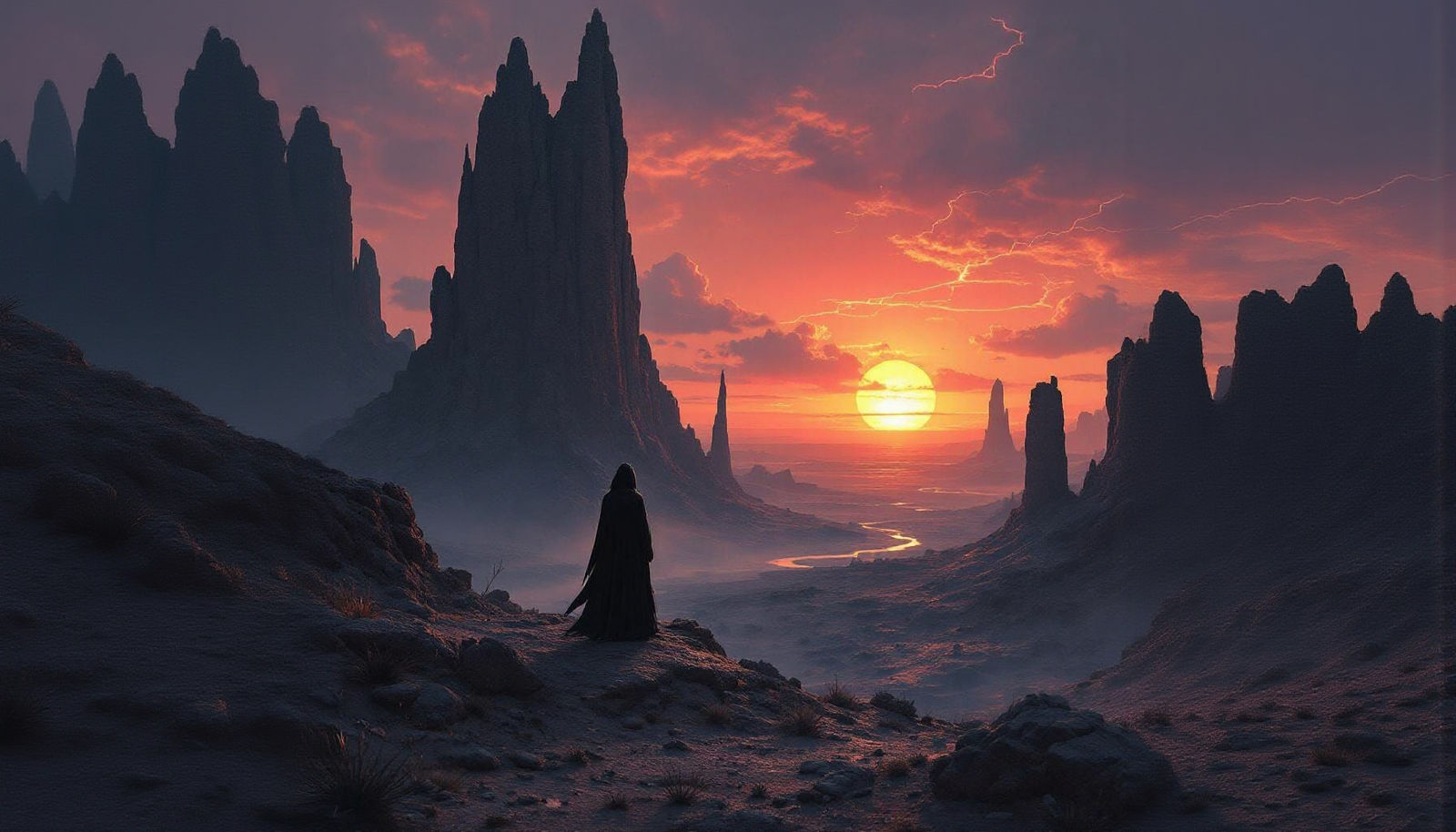 Alien Desert: Cloaked Figure at Binary Sunset