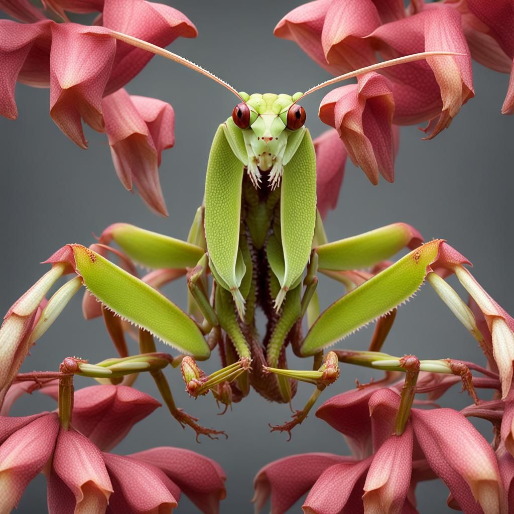 A photorealistic macro image featuring a male Devil's Flower Mantis