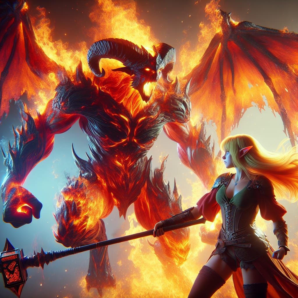 Fiery Demon Confronts Elf Adventurer in Epic Battle