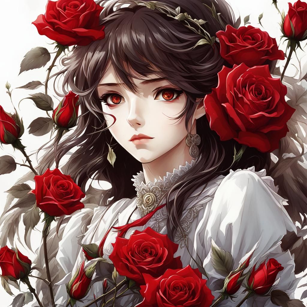 Anime Girl Surrounded by Red and White Roses