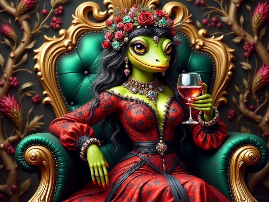 Opulent Fantasy Frog Diva in Crimson Lace Gown