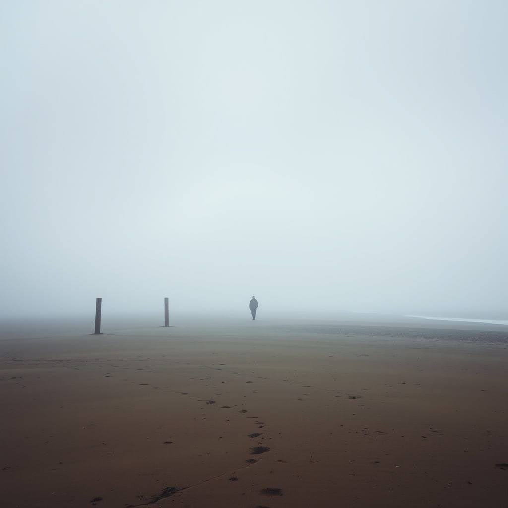 Lone Figure Emerges from Suffolk Mist