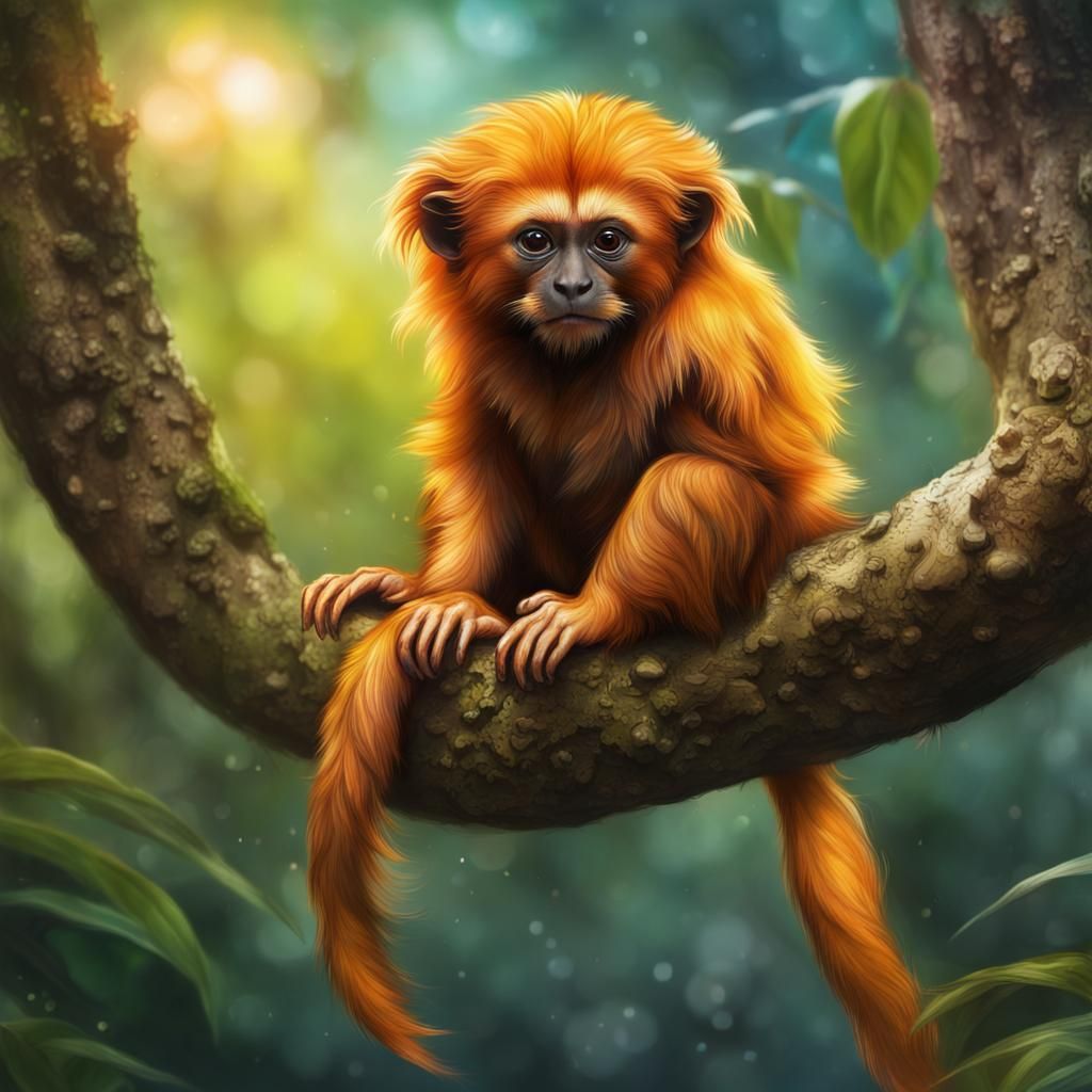 Golden Lion Tamarin in Rainforest: Hyperrealistic Splash Art