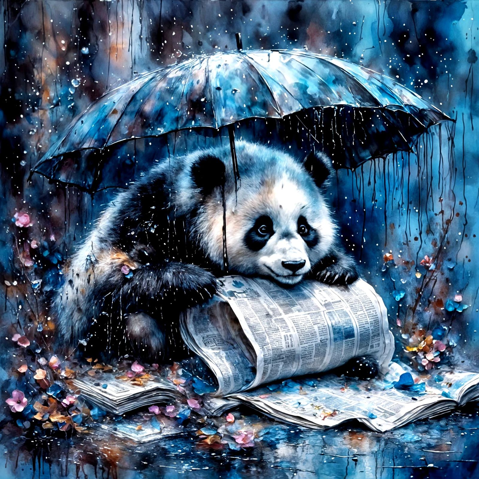 Fluffy Panda Bears Hide Under Newspaper in Rainy Scene