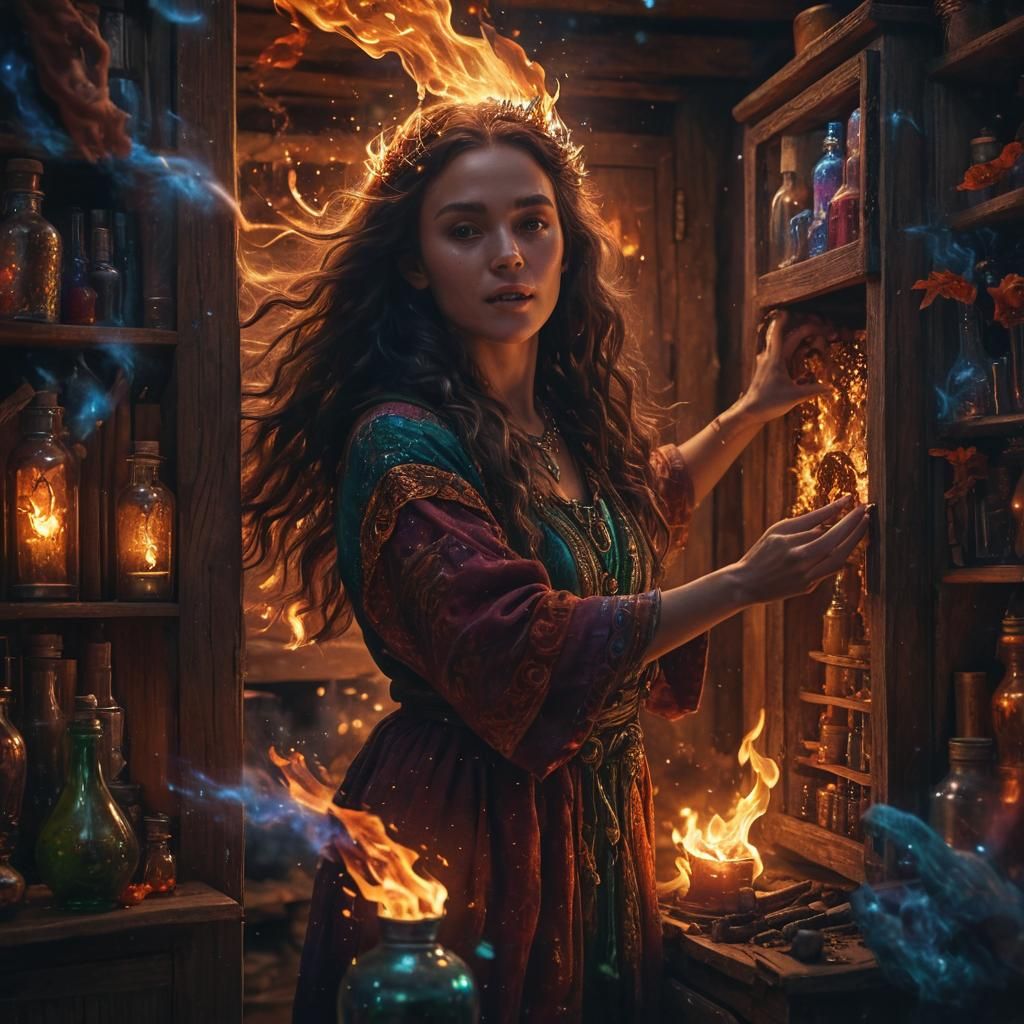 Cosmic Druid Conjures Fire in Astral Art Style