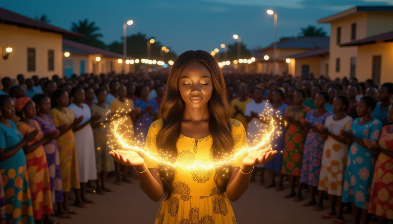 Nigerian Girl's Blessing in City Square at Night