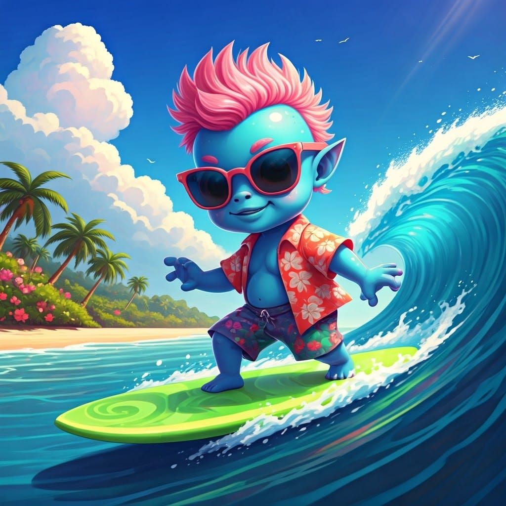 Alien Surfer Rides Neon Wave in Vibrant Tropical Paradise