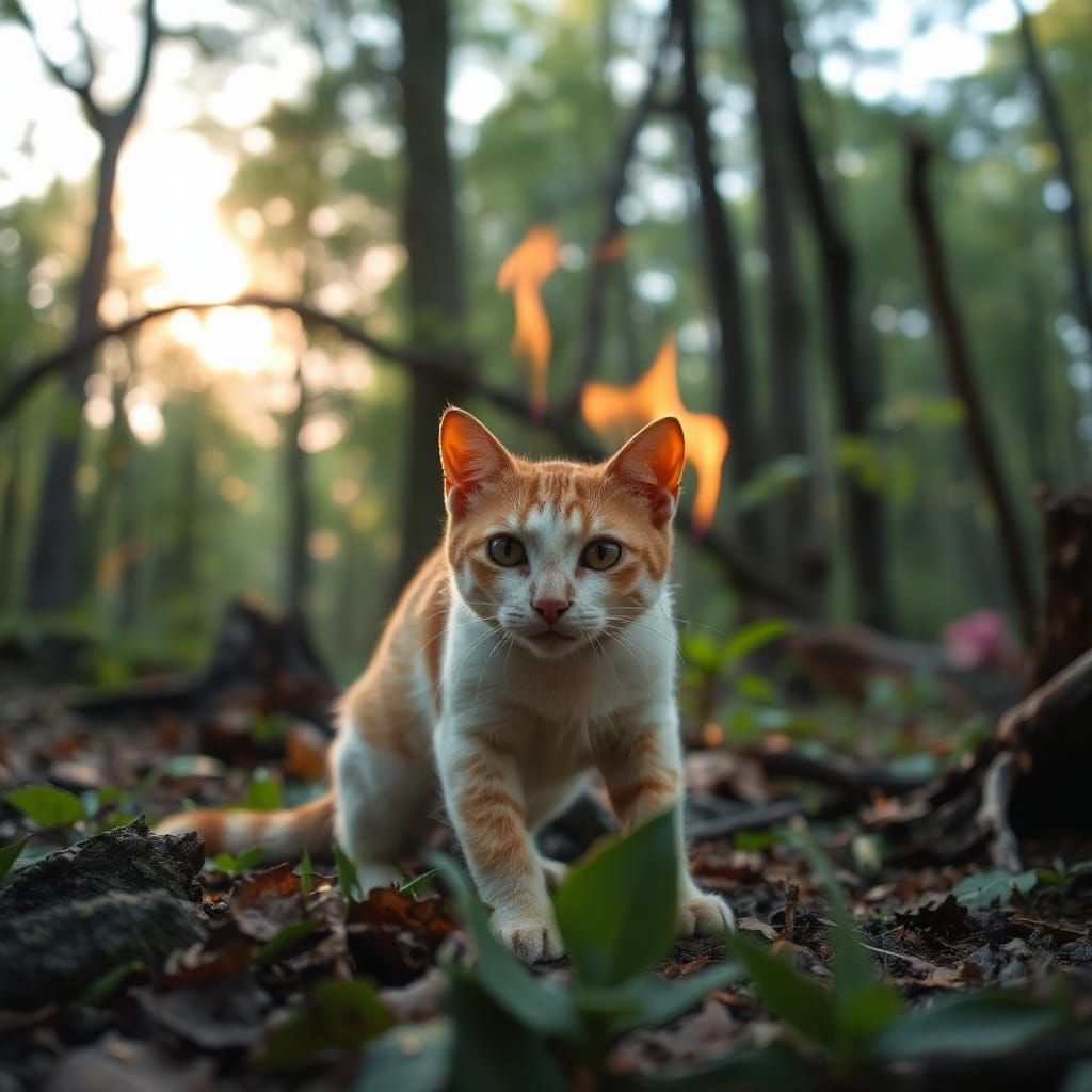 Fiery Cat in Burning Forest