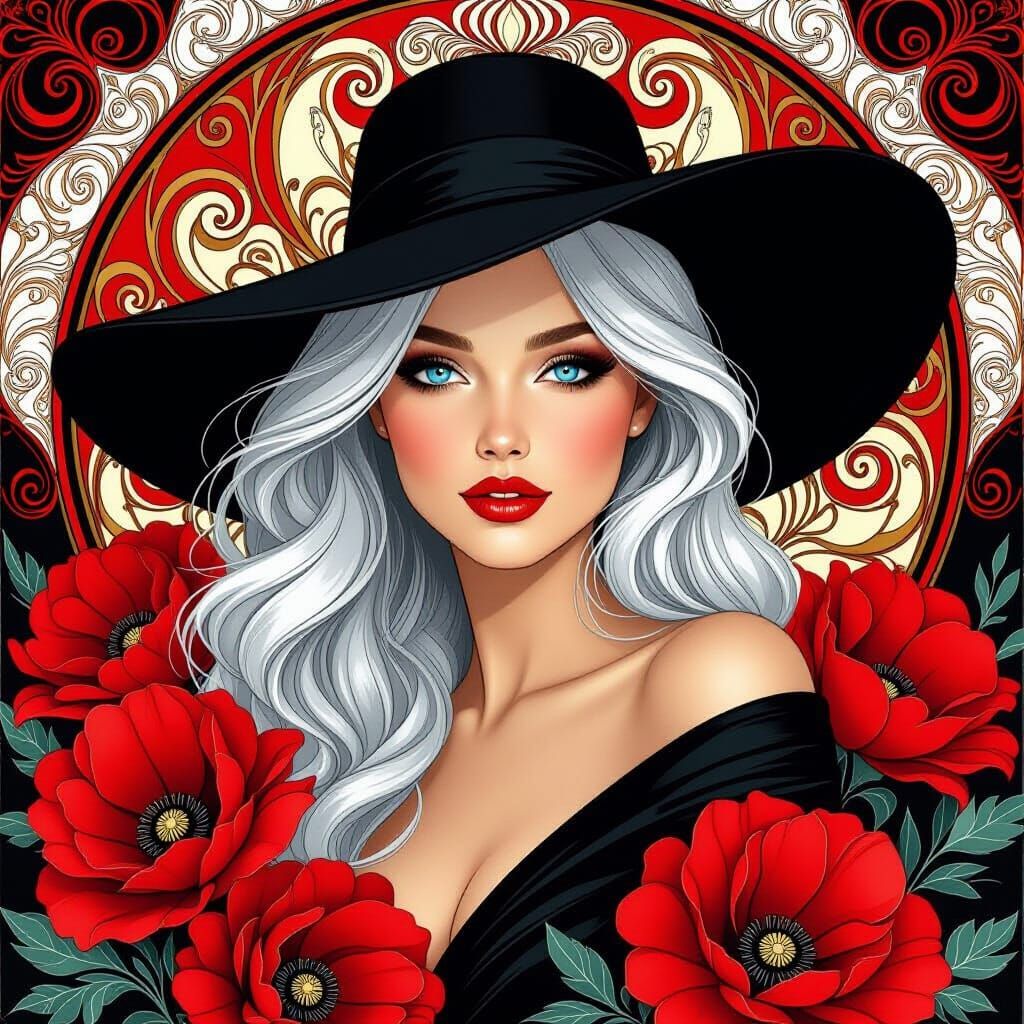 Elegant Woman with Red Flowers in Art Nouveau Style