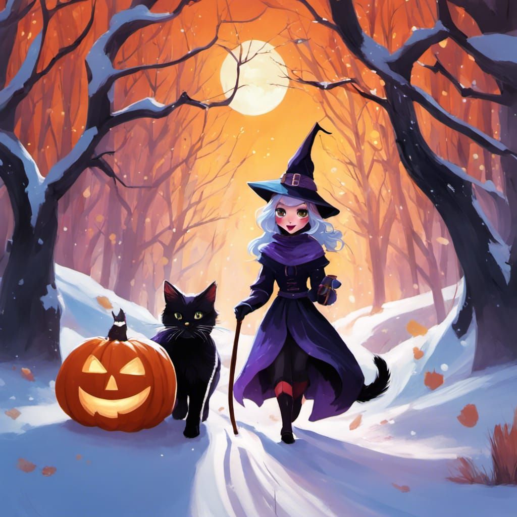 Charming Halloween Witch in Snow, Fantasy Digital Art