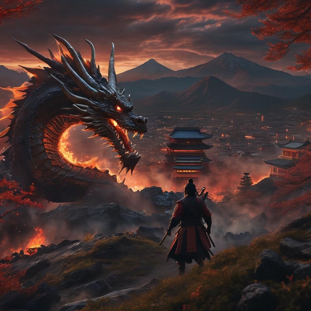 Samurai Battles Dragon in Burning City: Cinematic Film Still