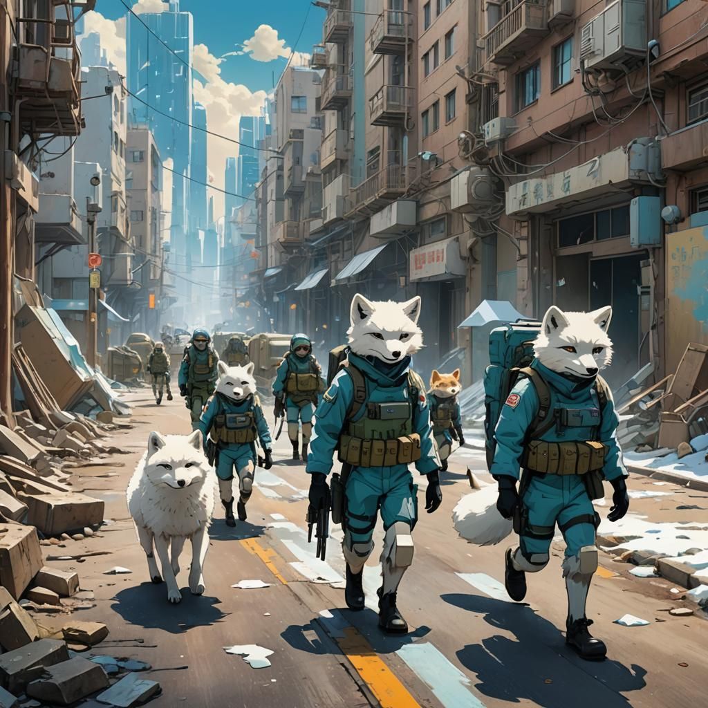 Arctic Fox Soldiers Patrolling in Studio Ghibli Style