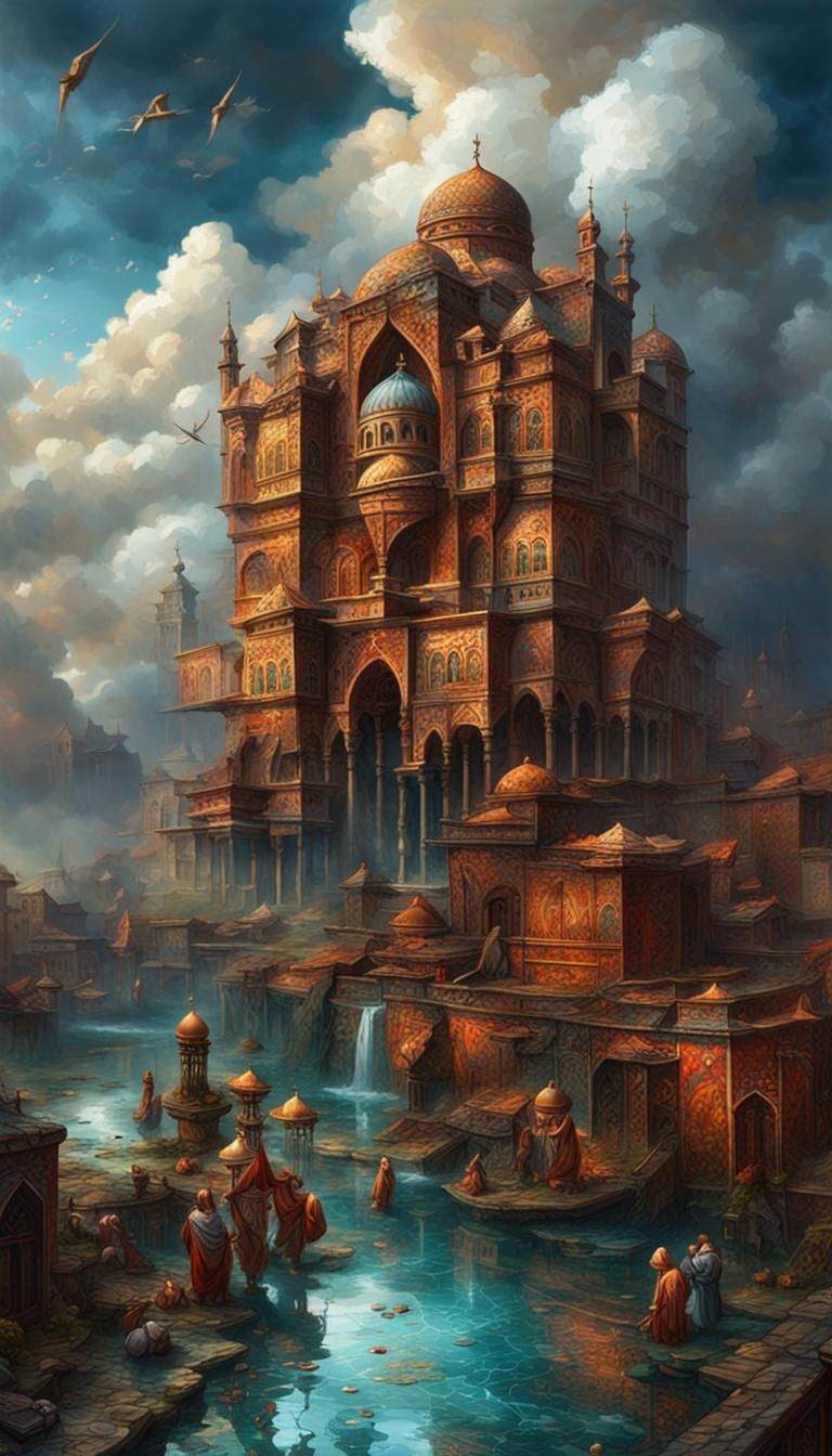 Seljuk Architecture Under Rainy Clouds: Digital Art