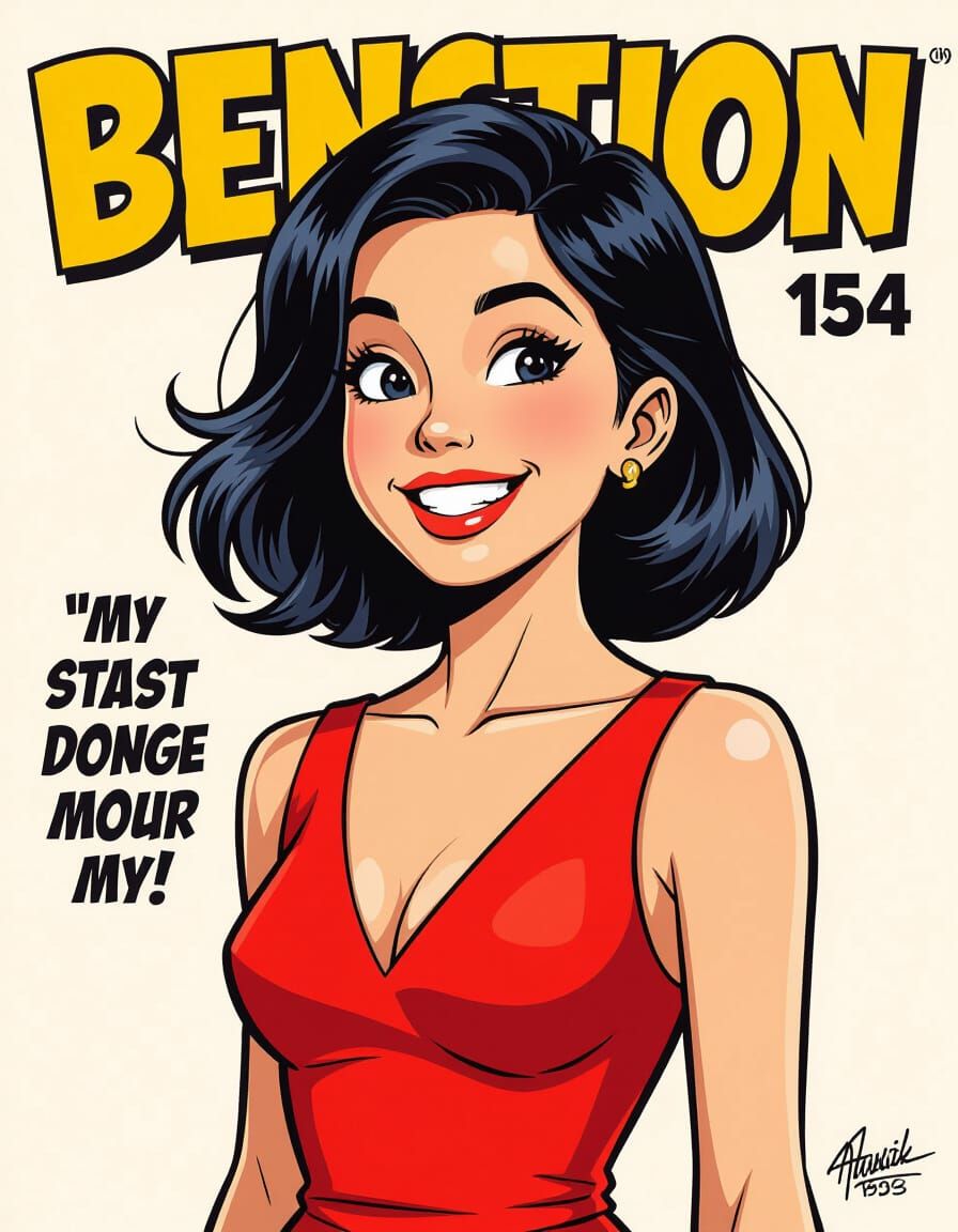 Smiling Girl in Red Dress, Comic Book Style