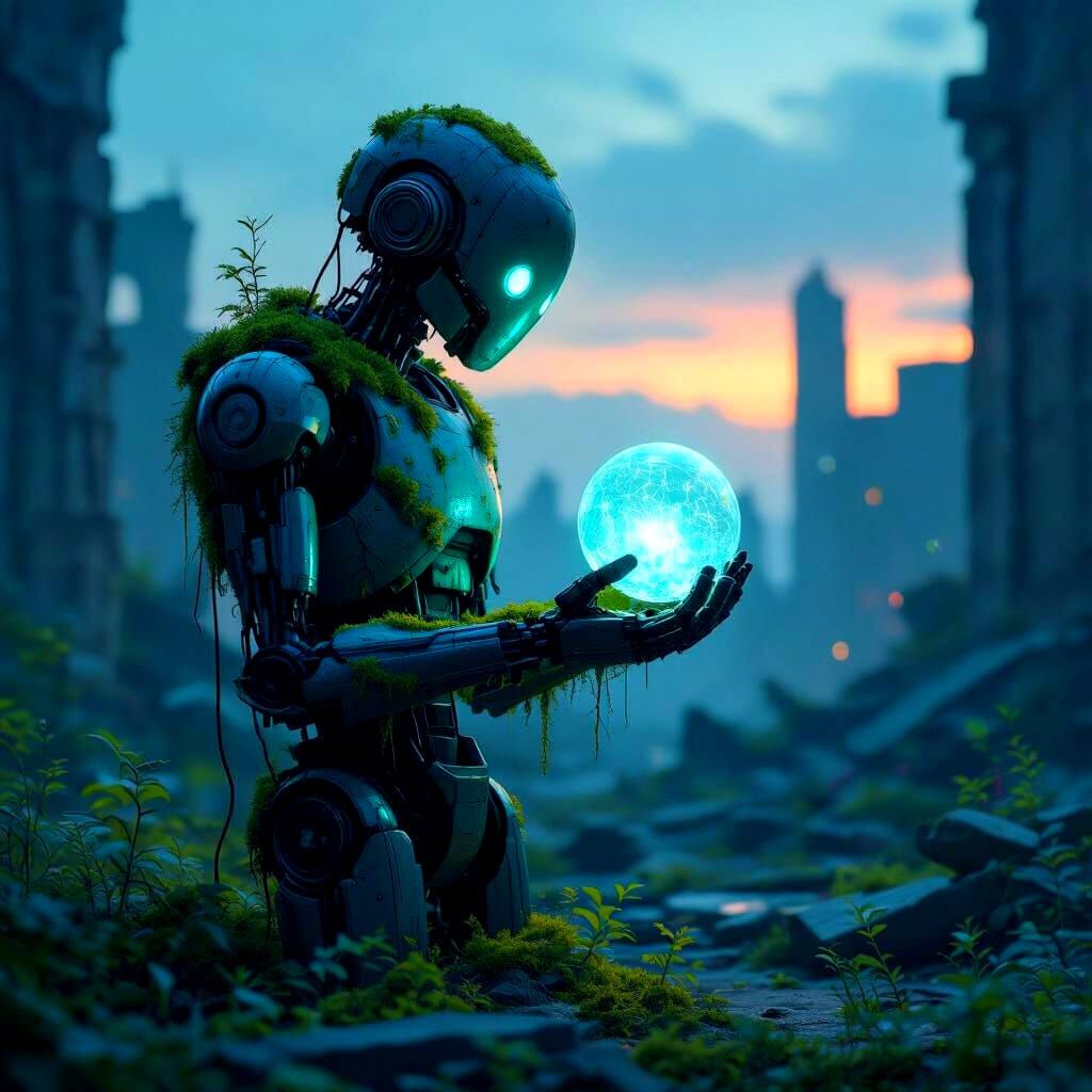 Weathered Robot in Ruined City with Glowing Orb