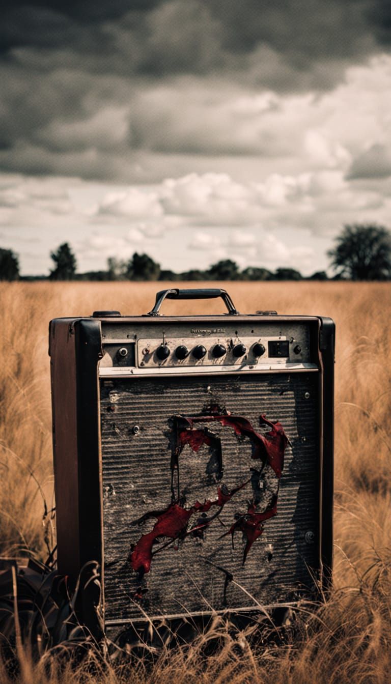 Weathered Guitar Amplifier in a Desolate Landscape