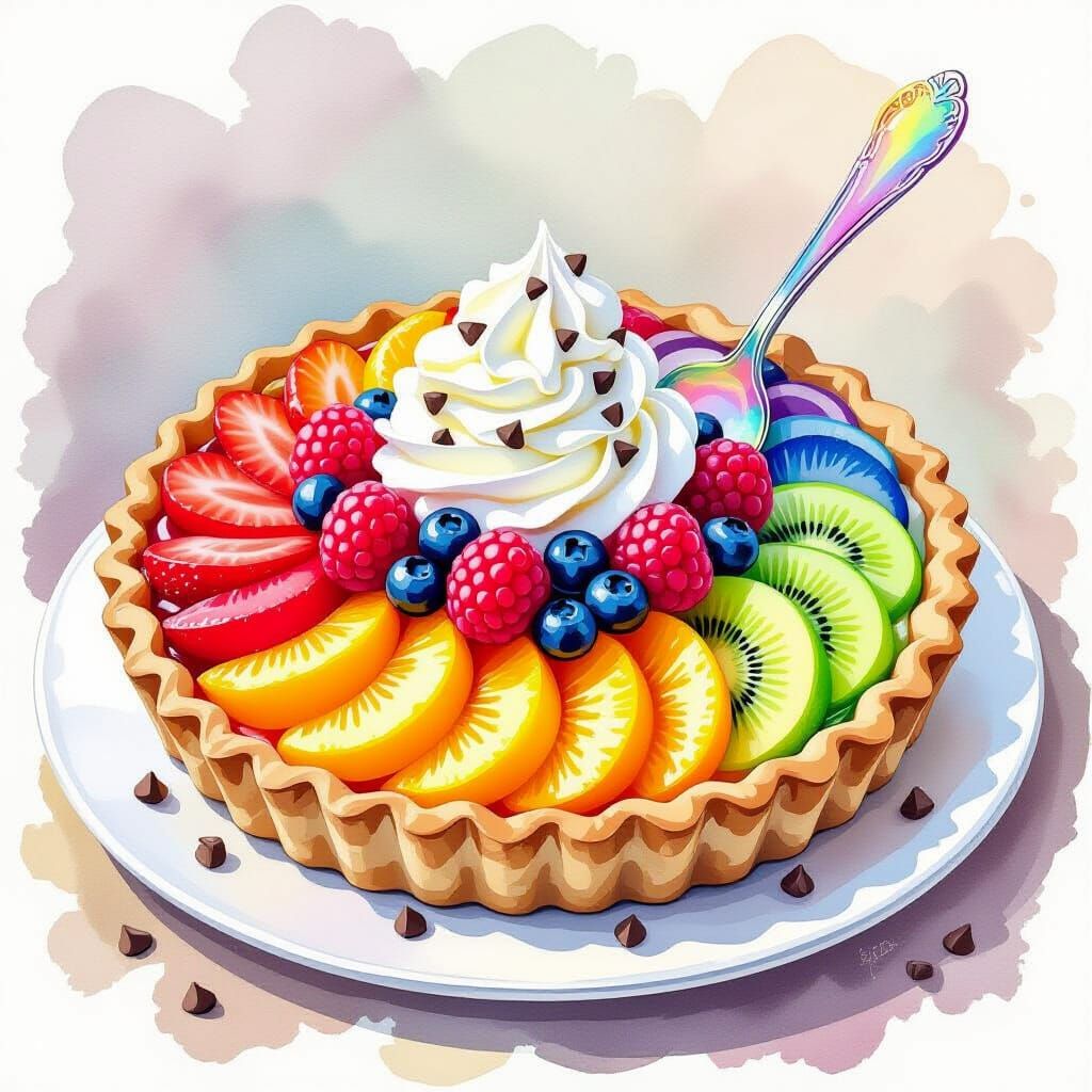 Rainbow Fruit Tart in Watercolor Style