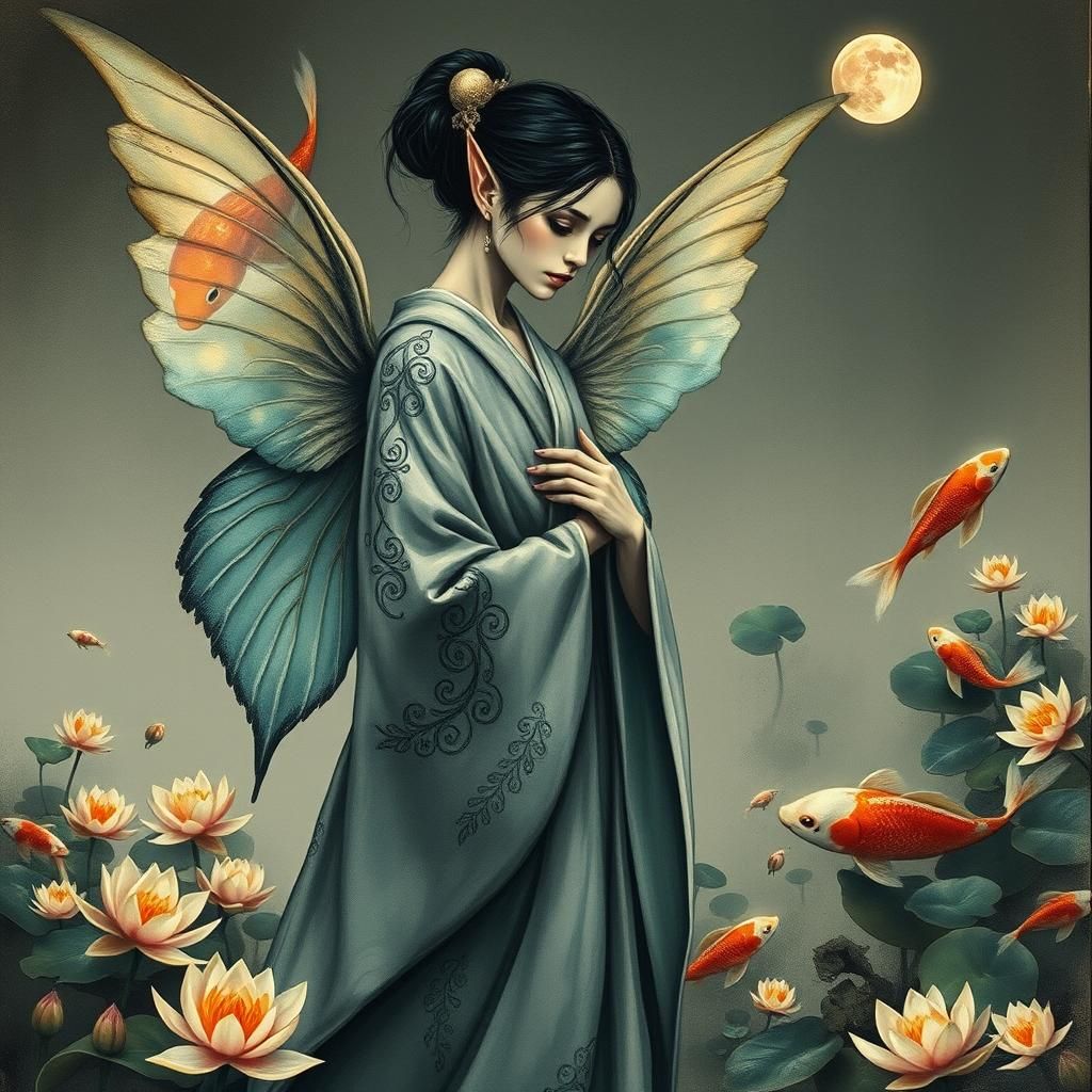 Ethereal Fairy Geisha in Surreal Art Deco Dreamscape