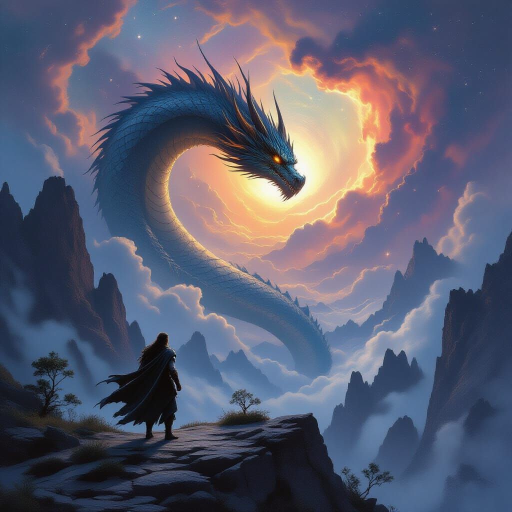 Epic Fantasy Warrior Meets Cosmic Dragon on Mountain Peak