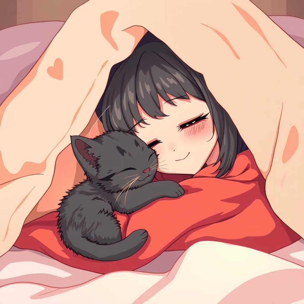 Peaceful Anime Scene of Girl and Kitten Snuggled Under a Coz...