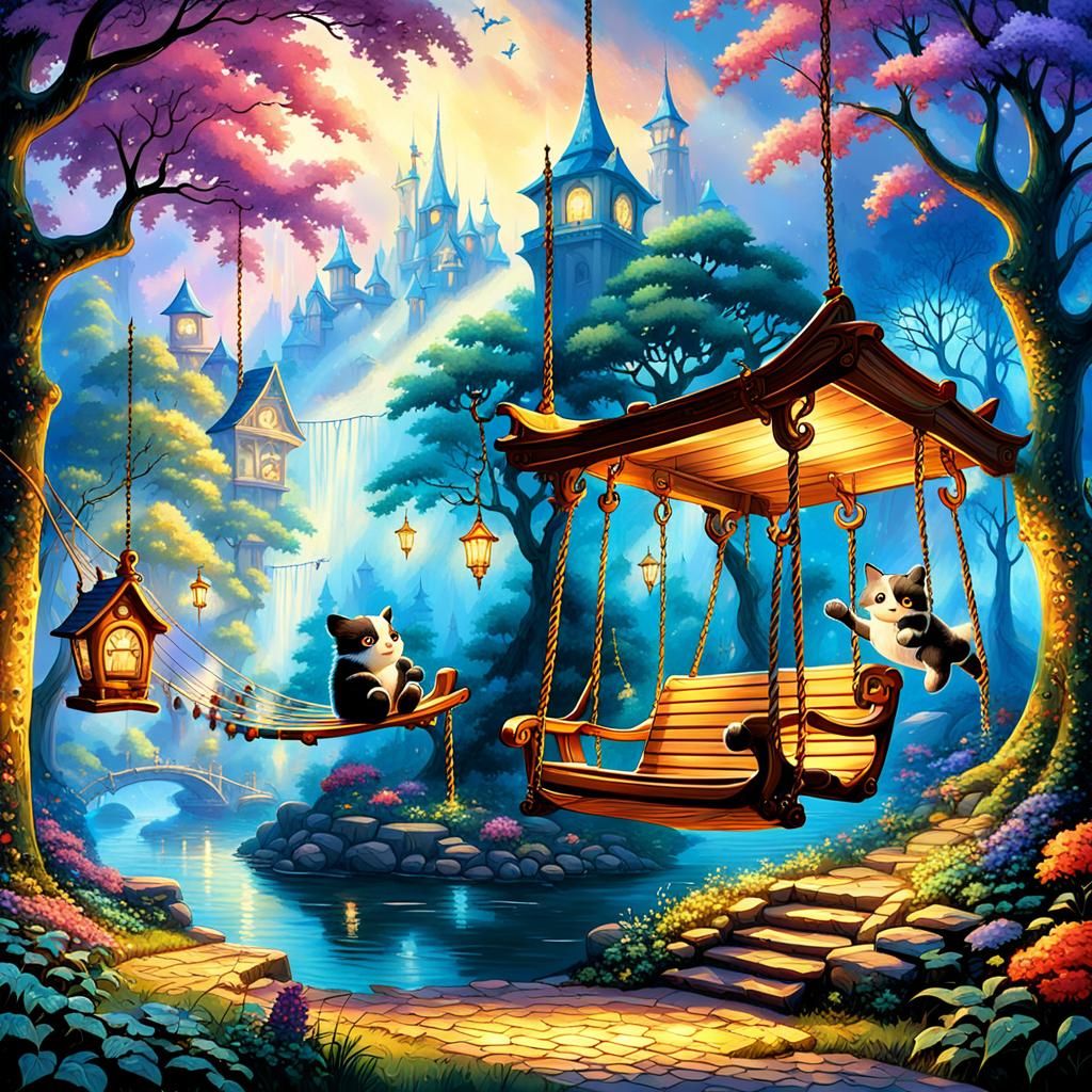 Cartoon Animals Relaxing on Swings in Fantasy Setting