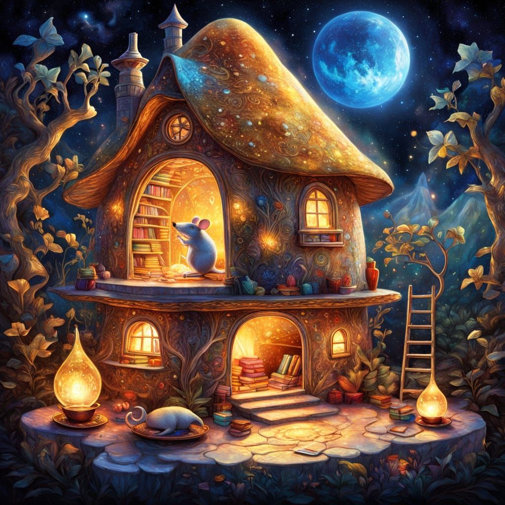 Mouse in Acorn Home: Cosmic Fantasy Illustration