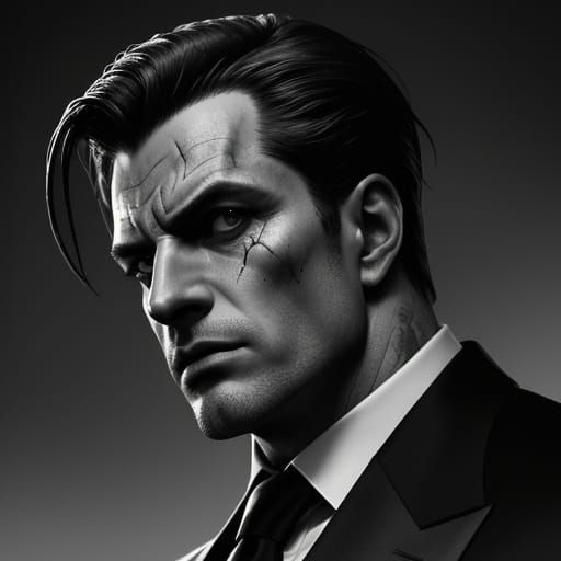 A closeup portrait of a tough, powerful Mafia lord with his neckline revealing a jagged neck scar above.