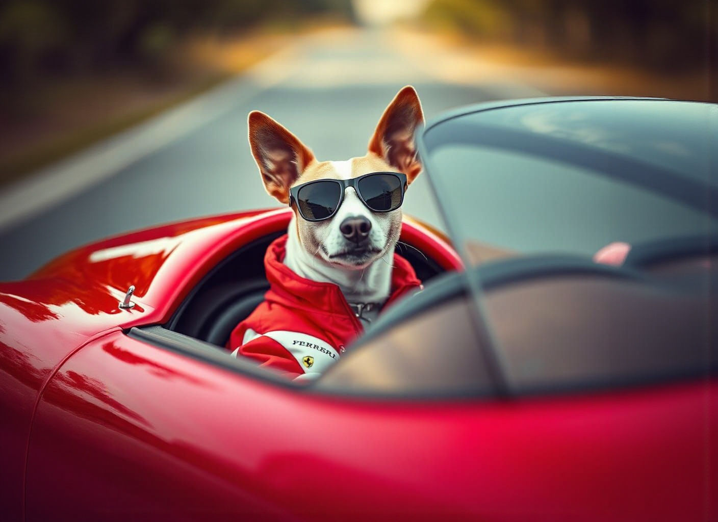 A chrome metallic red ferrari being driven by a Jack Russell Terrier