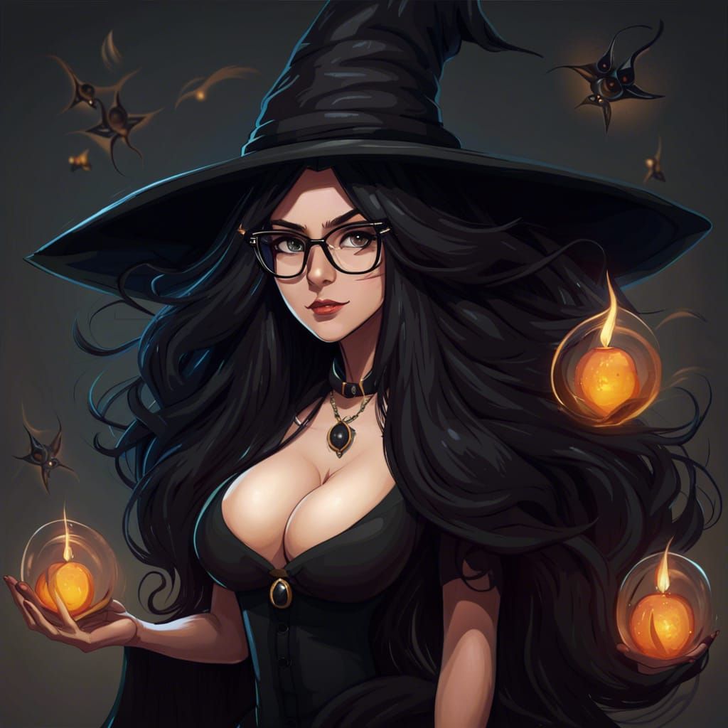 Enchanting Witch with Raven Hair and Glasses