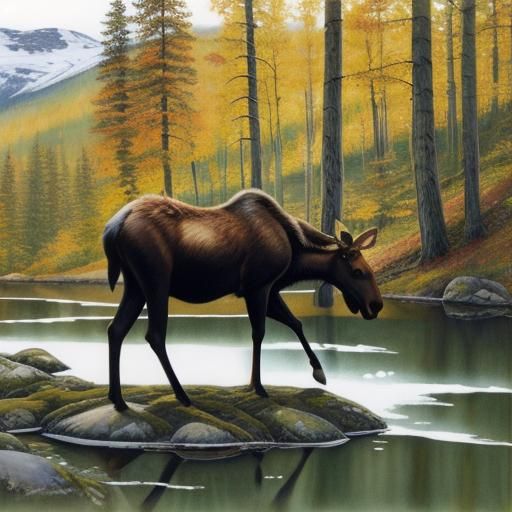 Moose in Norwegian Wood, Watercolor Painting